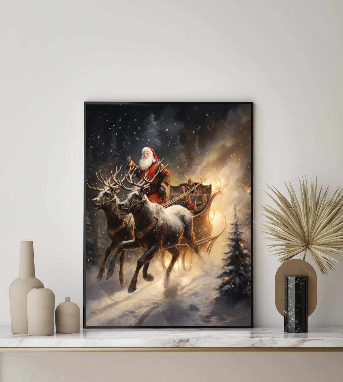 Santa Claus Sleigh Reindeer Night Flight Christmas Decor Art Print - Image 2