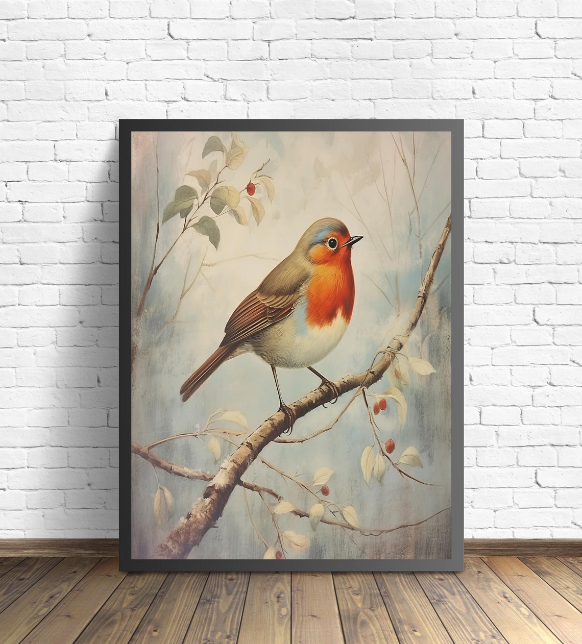 European Robin Perched on a Branch in Autumn Vintage Bird Poster - Image 3