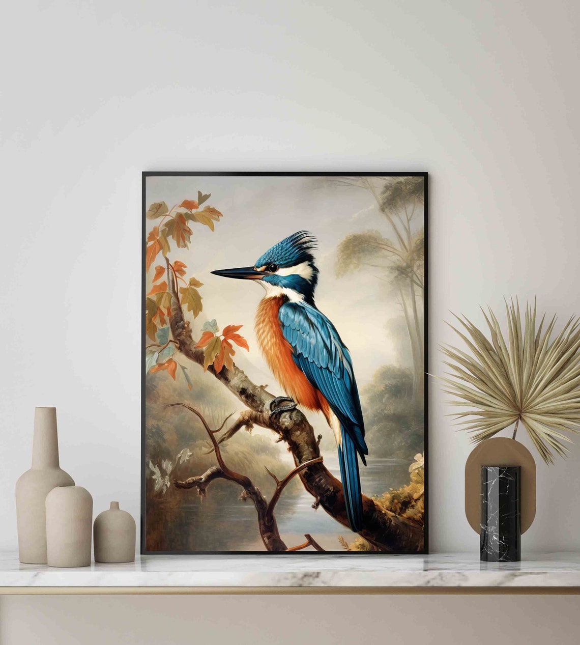 Blue Kingfisher on a Branch Vintage Bird Illustration Art Poster - Image 2