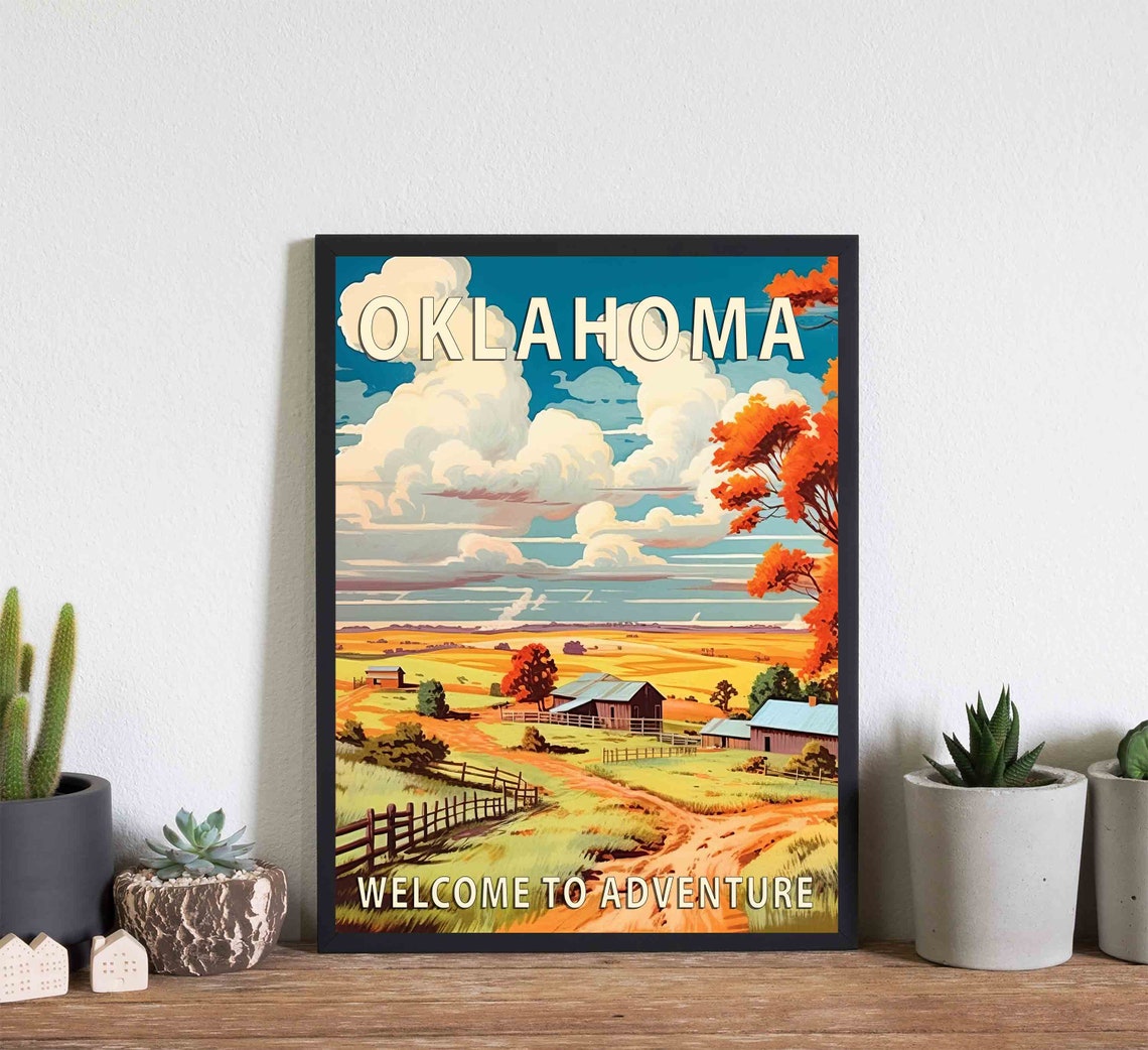Oklahoma Countryside Farm Fields Under Big Clouds Retro Travel Poster - Image 2