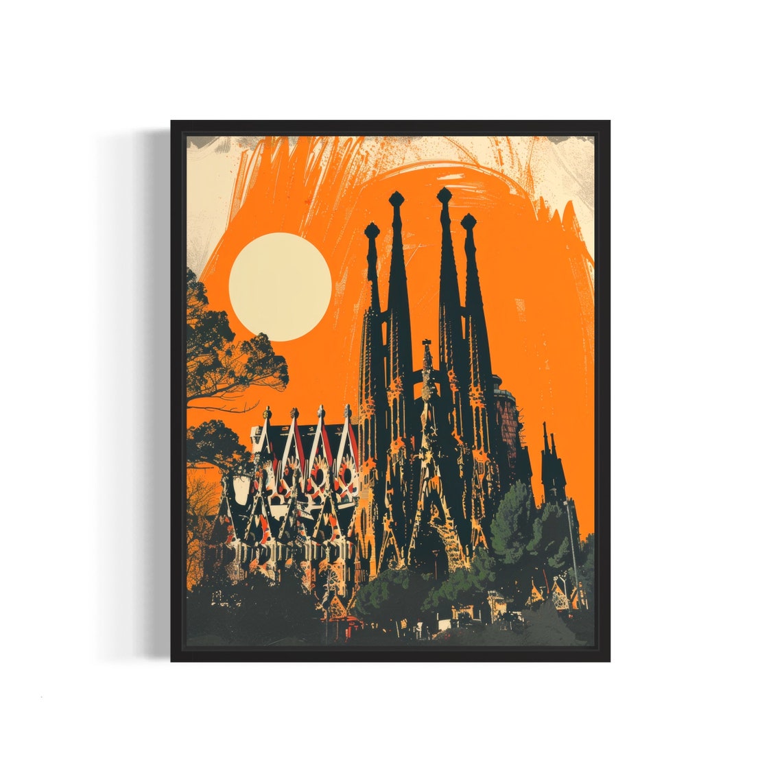 Sagrada Familia Barcelona Dramatic Orange Sunset Silhouette Poster