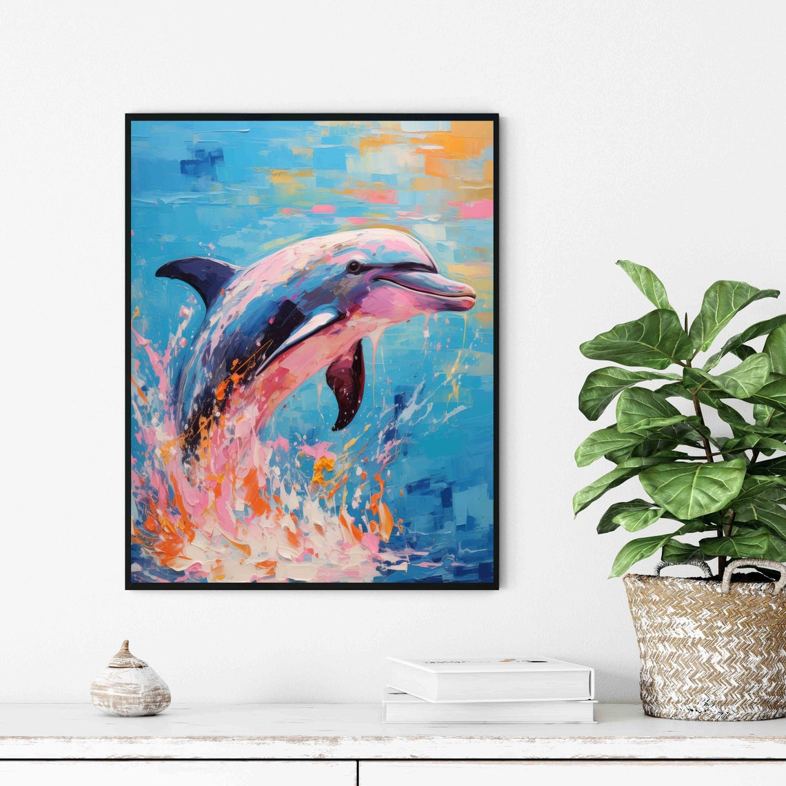 Leaping Dolphin Splashing Waves Blue Pink Ocean Wave Art Poster - Image 3