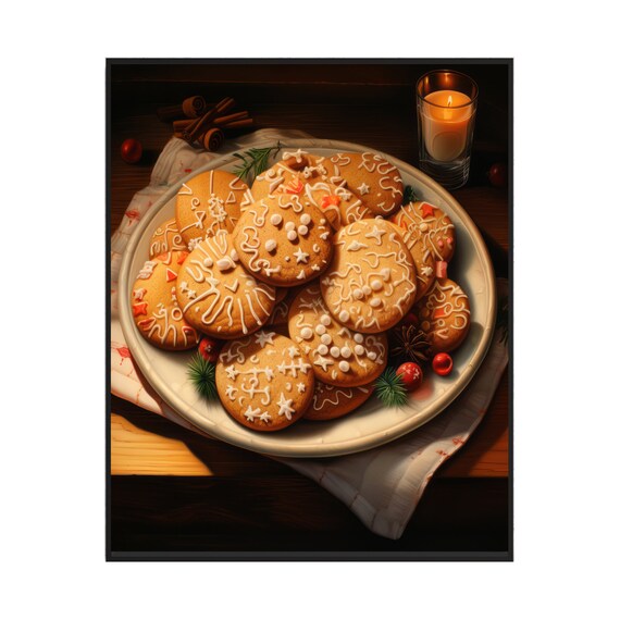 Plate of Iced Gingerbread Cookies with Candle Christmas Food Poster