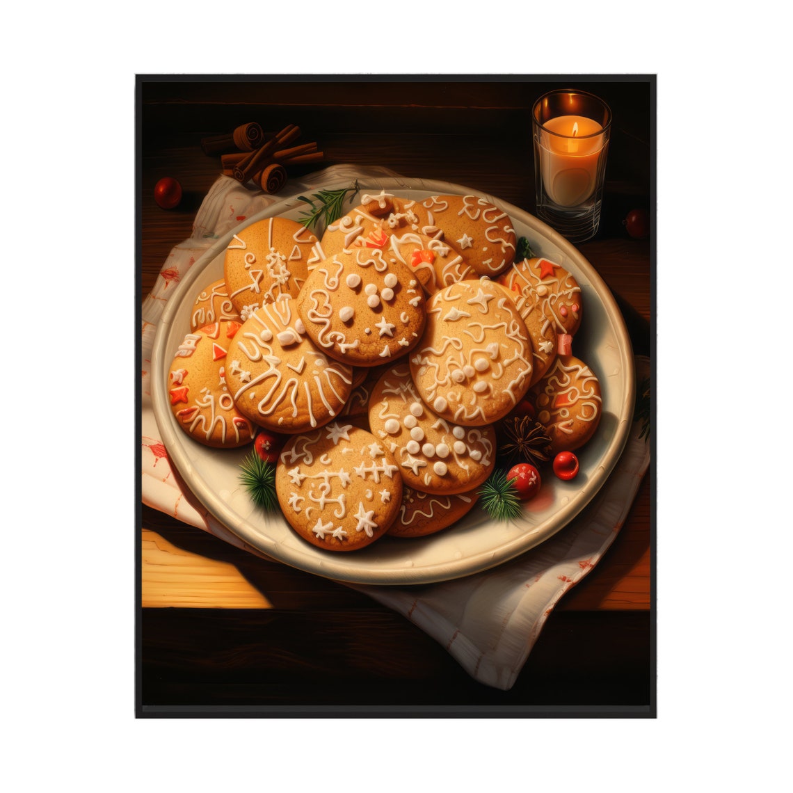 Plate of Iced Gingerbread Cookies with Candle Christmas Food Poster