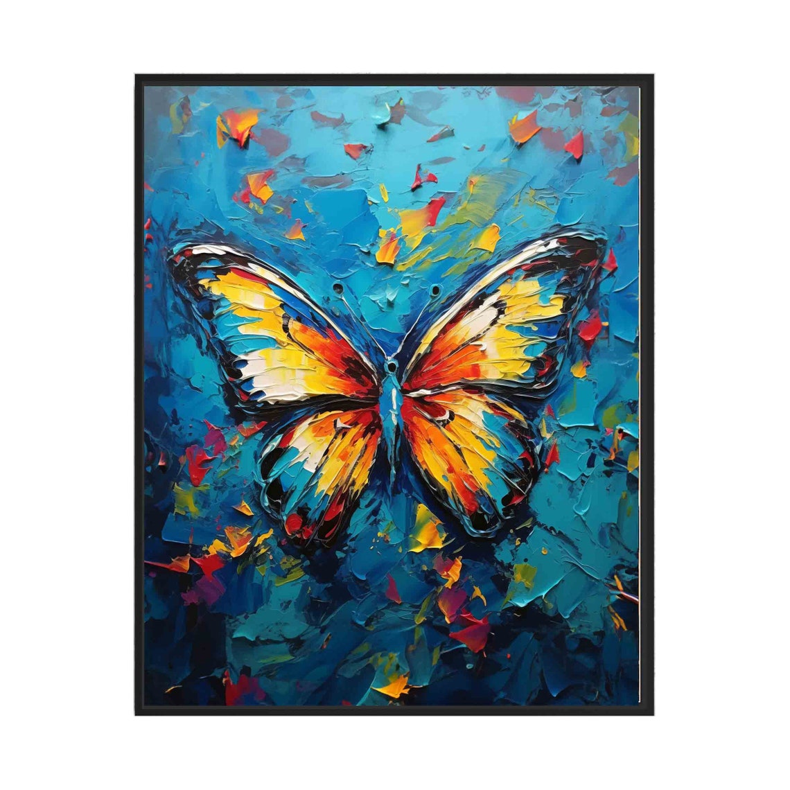 Orange Yellow Butterfly on Blue Textured Oil Painting Poster