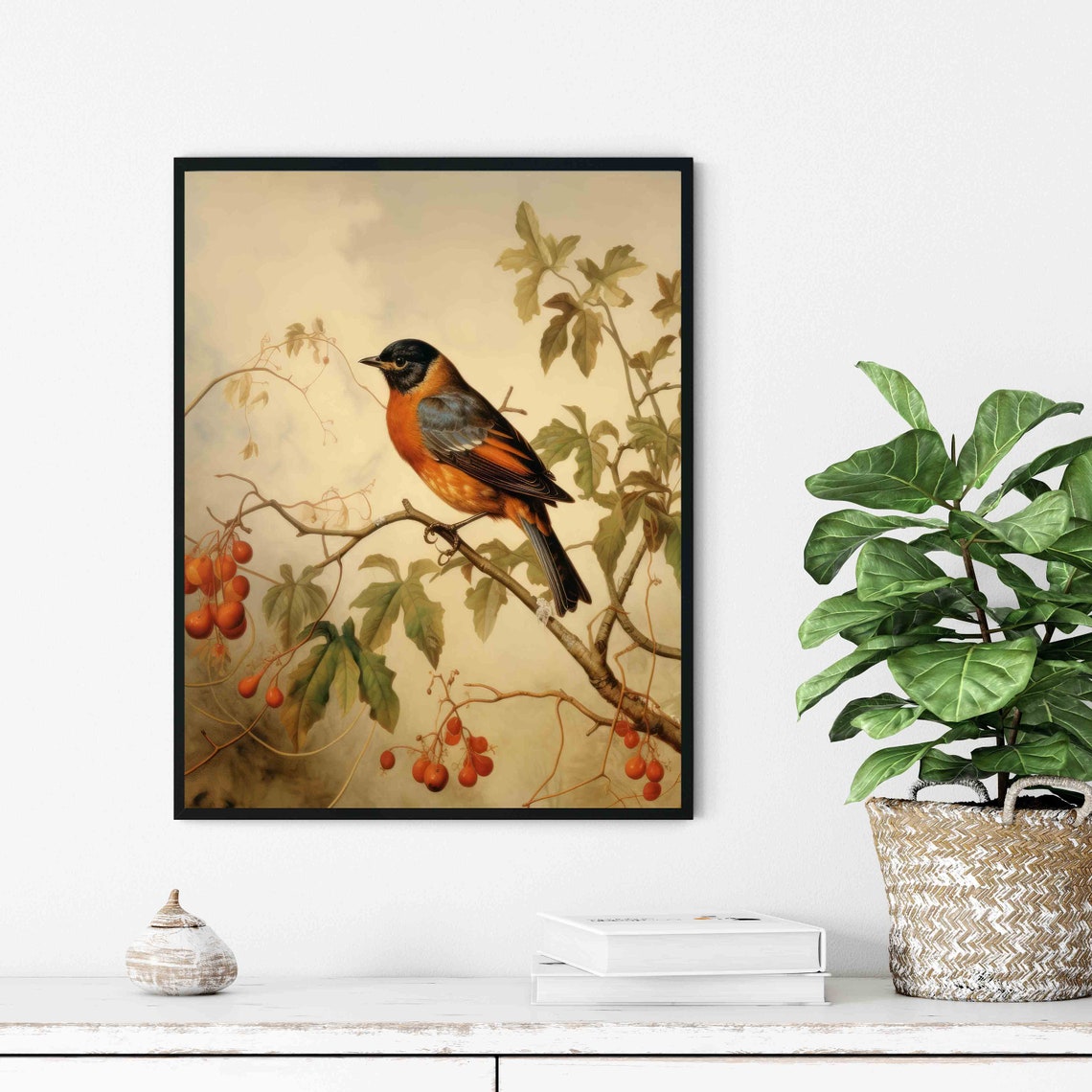 Robin Perched on Berry Branch Vintage Style Bird Painting Poster - Image 3
