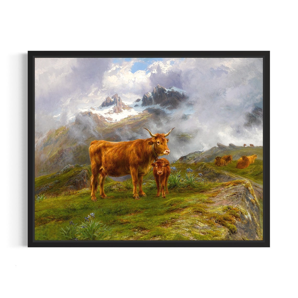 Cow And Calf In Misty Mountain Pasture Vintage Farm Art Poster
