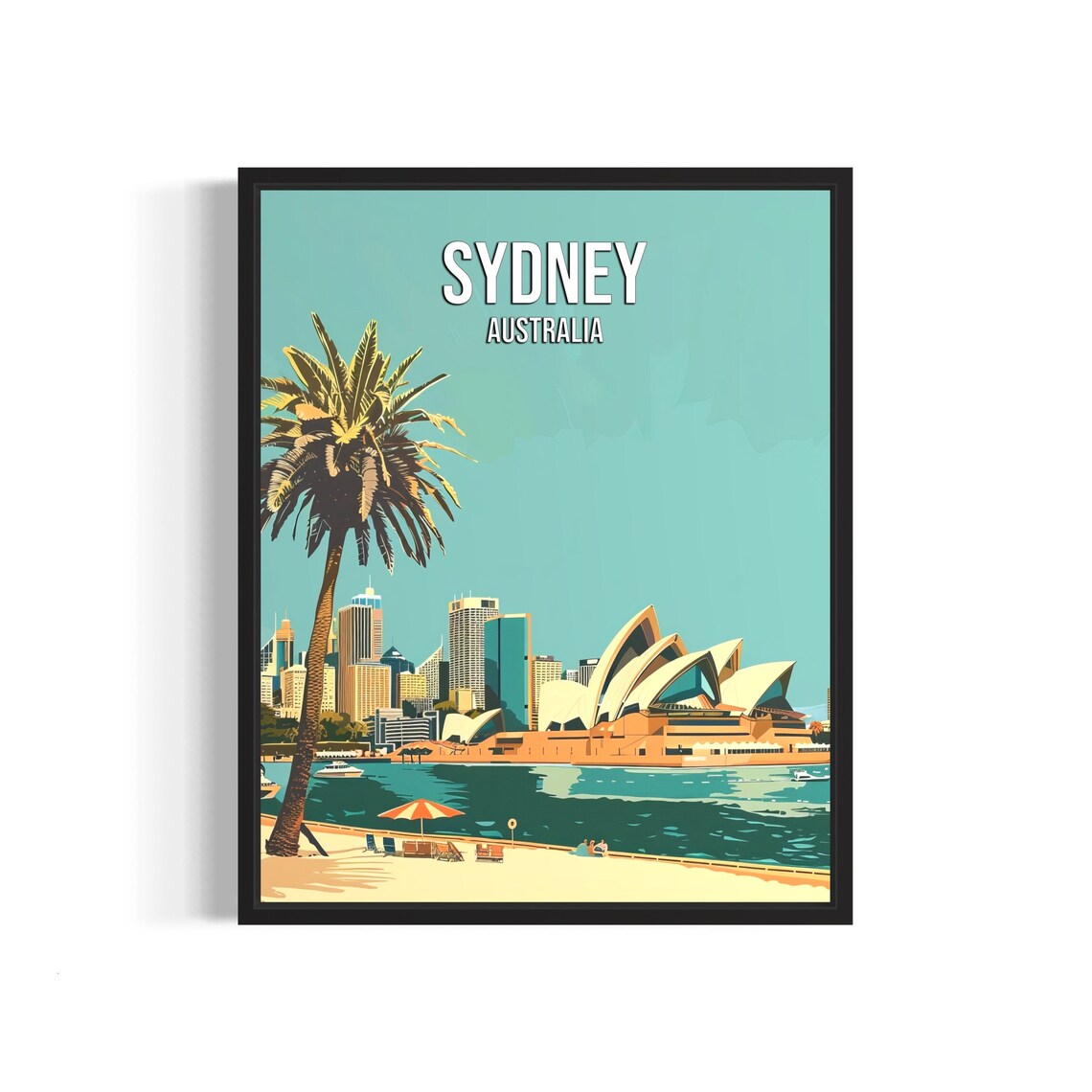 Sydney Australia Opera House Harbor Beach Palm Vintage Travel Poster