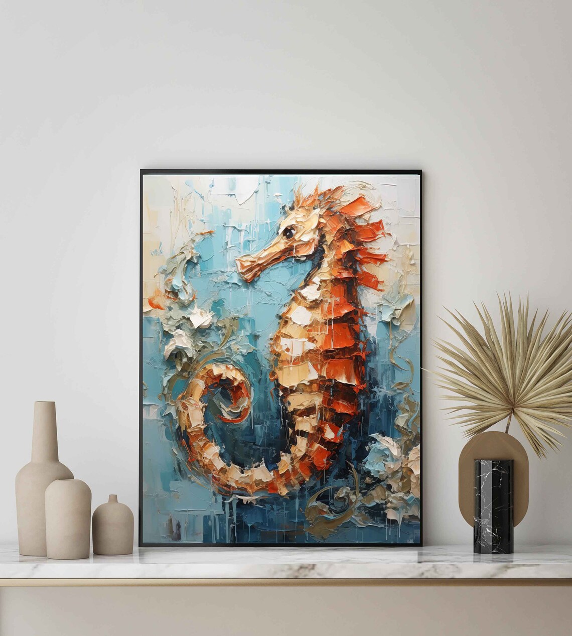 Stunning Orange Seahorse Abstract Marine Oil Painting Wall Art - Image 2