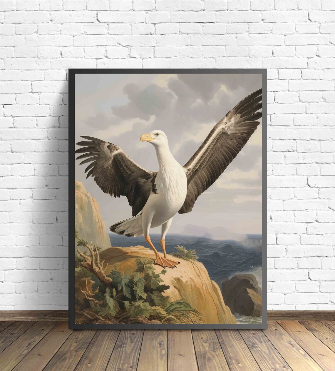 Great Albatross Seabird Spread Wings on Coastal Cliff Vintage Poster