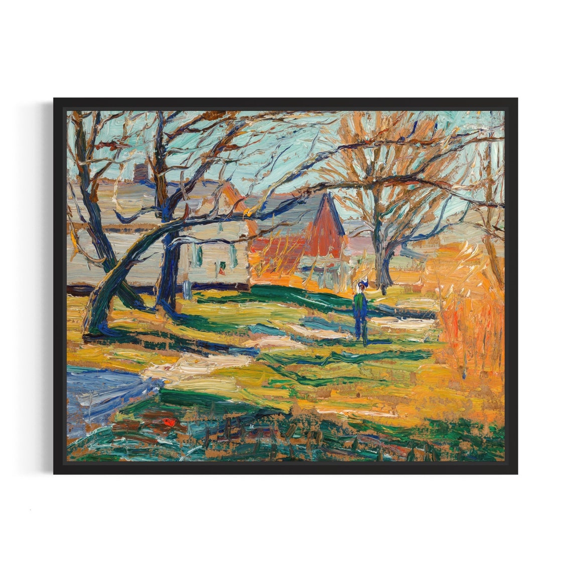 Impressionist Farm Among Bare Winter Trees Vintage Art Poster