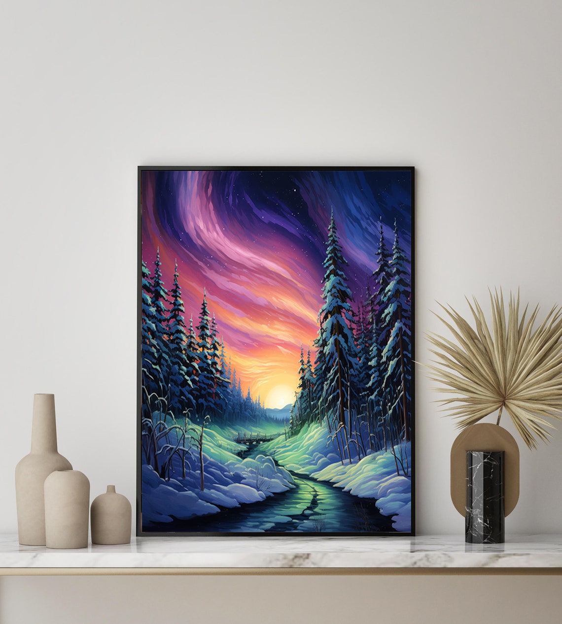Aurora Borealis Over Snowy Pine Valley Starry Winter Night Poster - Image 3