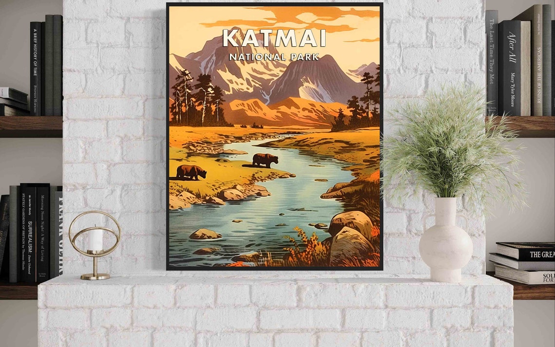 Katmai National Park Alaska Brown Bears By The River Retro Poster - Image 3
