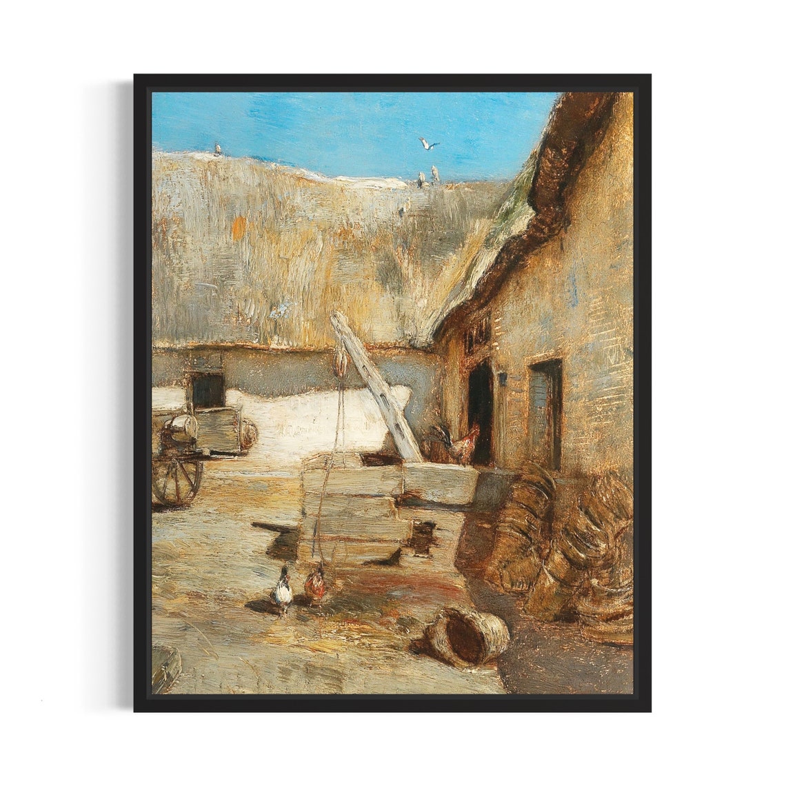 Vintage Farmhouse Courtyard Stone Well Chickens Painting Poster