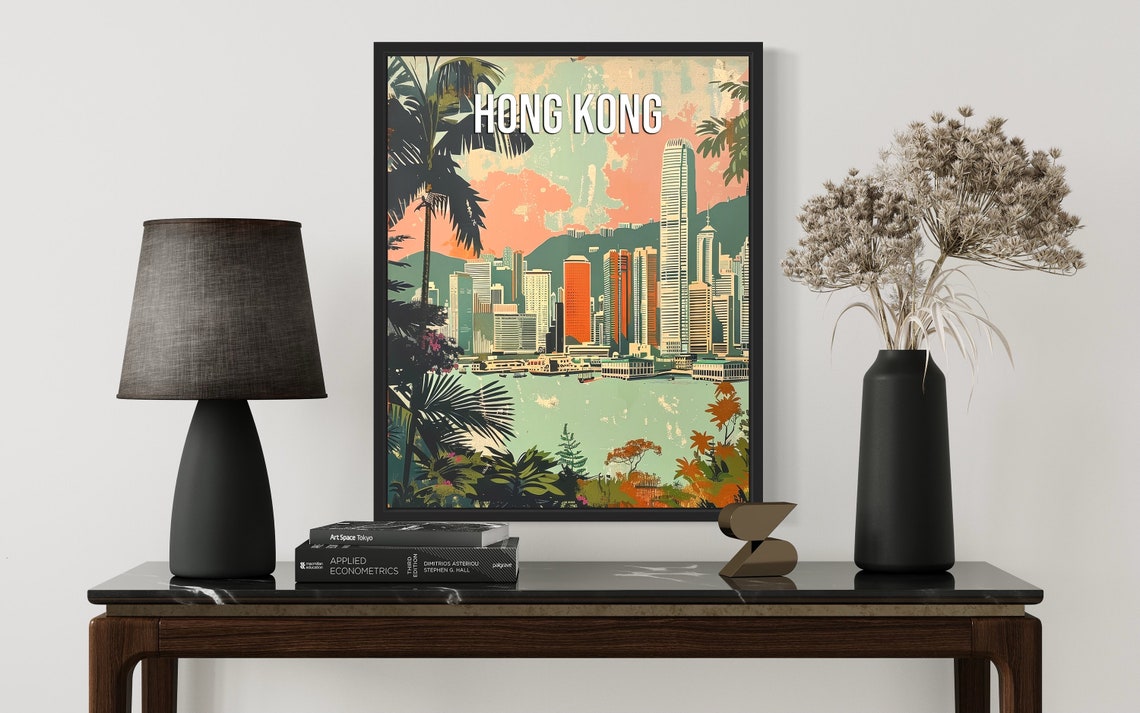 Hong Kong Bold Retro Skyline Harbor Palm Framed Travel Poster - Image 2
