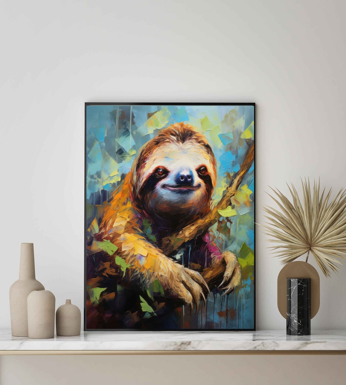 Smiling Sloth Abstract Oil Painting Colorful Jungle Art Poster - Image 2