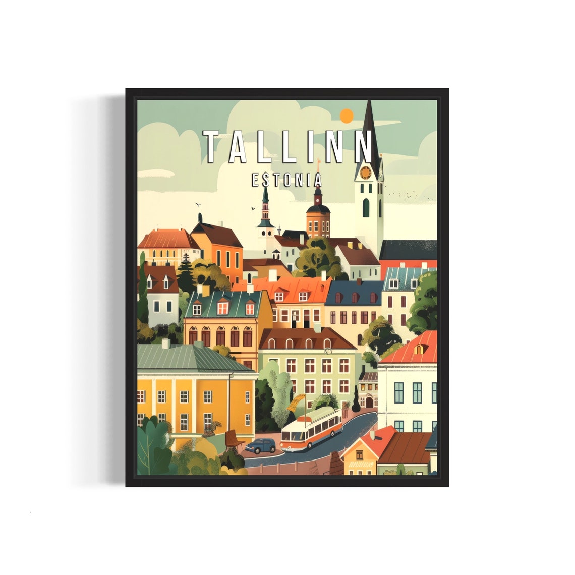 Tallinn Estonia Old Town Rooftops Church Spires Tram Travel Poster