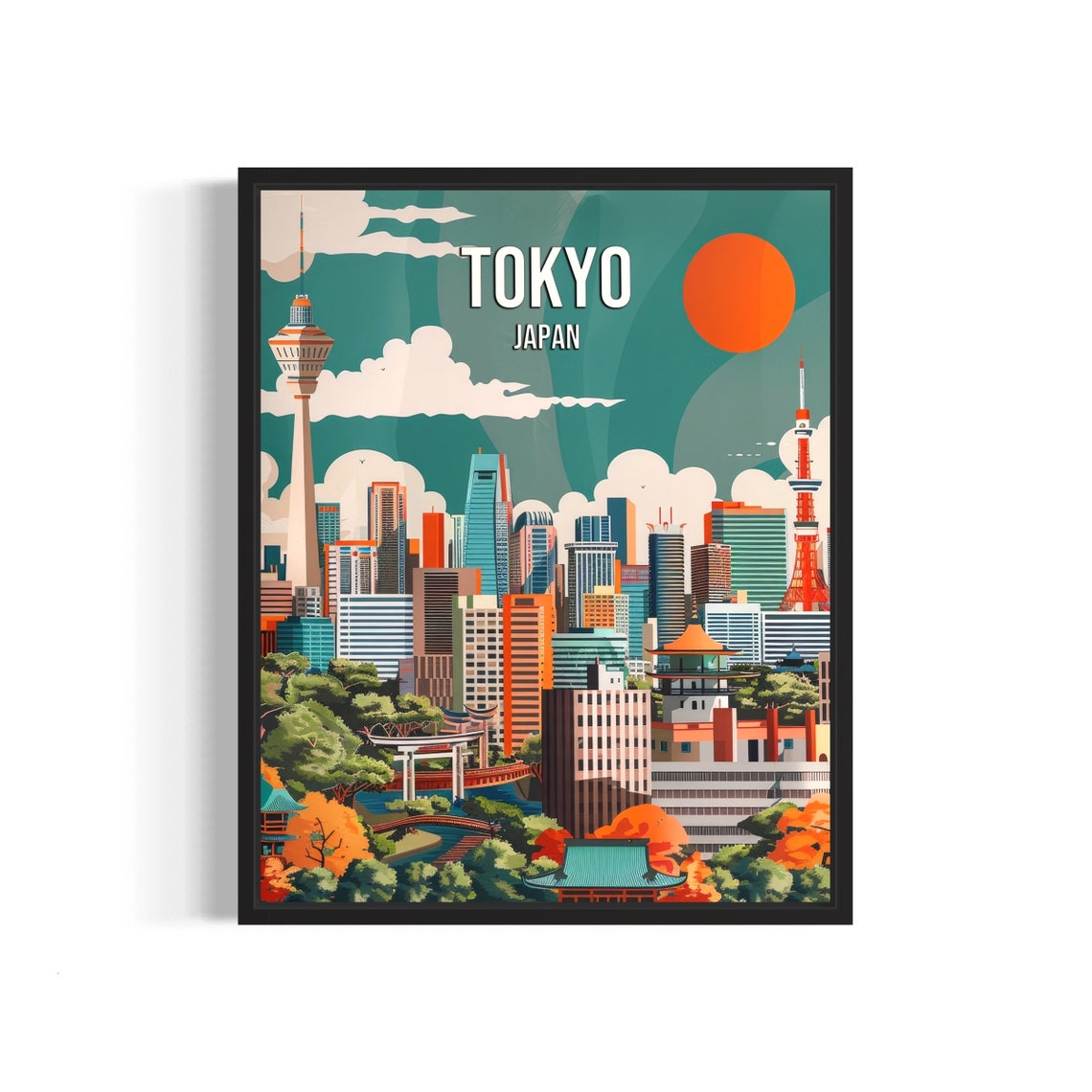 Tokyo Japan Retro Skyline With Tokyo Tower Skytree Travel Poster