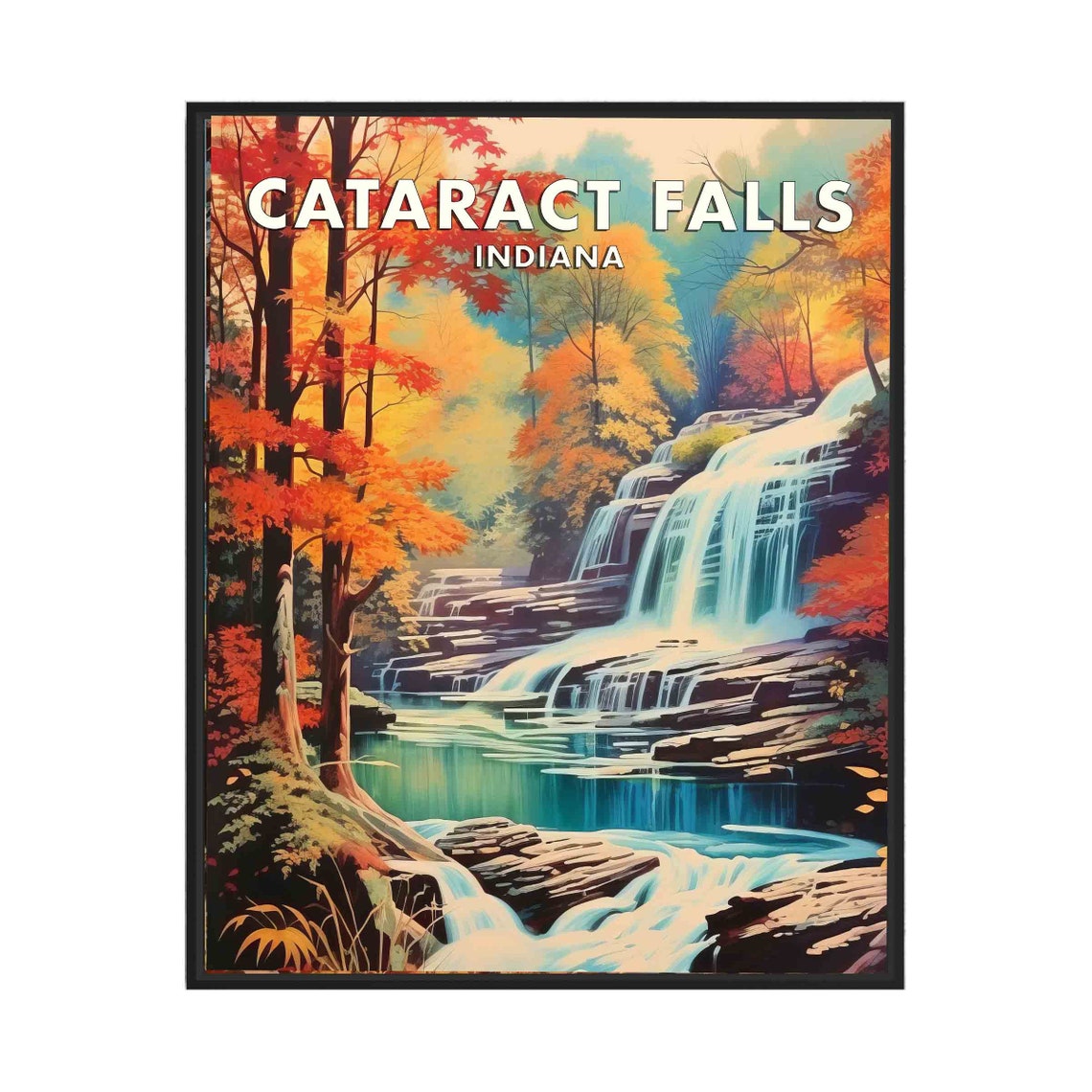 Cataract Falls Indiana Autumn Waterfall Vintage Travel Poster