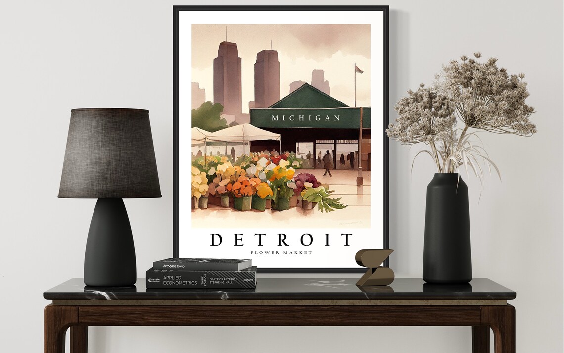 Detroit Flower Market Michigan Skyline Watercolor Art Poster - Image 2