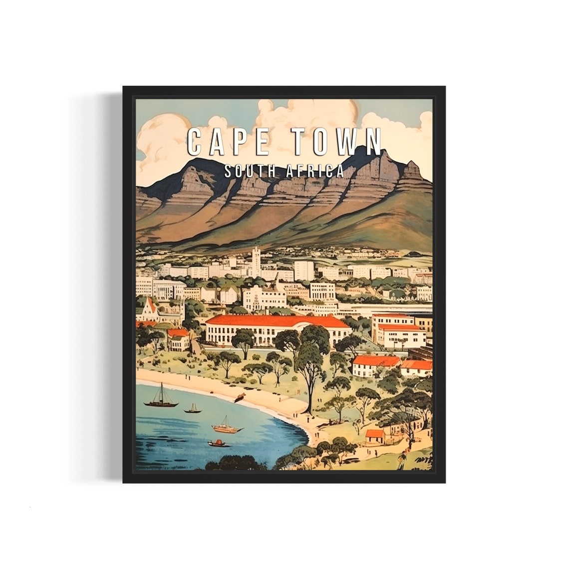 Cape Town South Africa Table Mountain Beach Retro Travel Poster