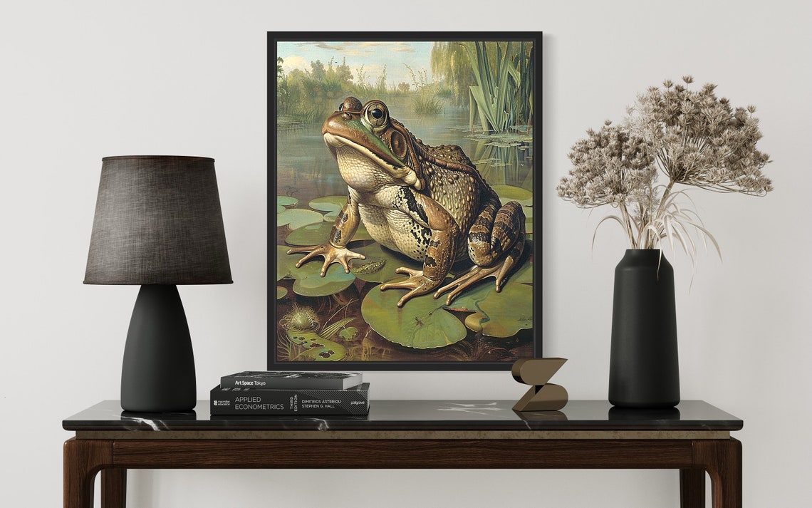 Bullfrog on Lily Pads Pond Vintage Wildlife Painting Wall Art - Image 3