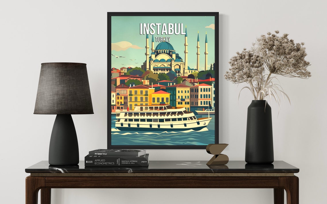 Istanbul Turkey Grand Domed Mosque Ferry Retro Waterfront Poster - Image 2