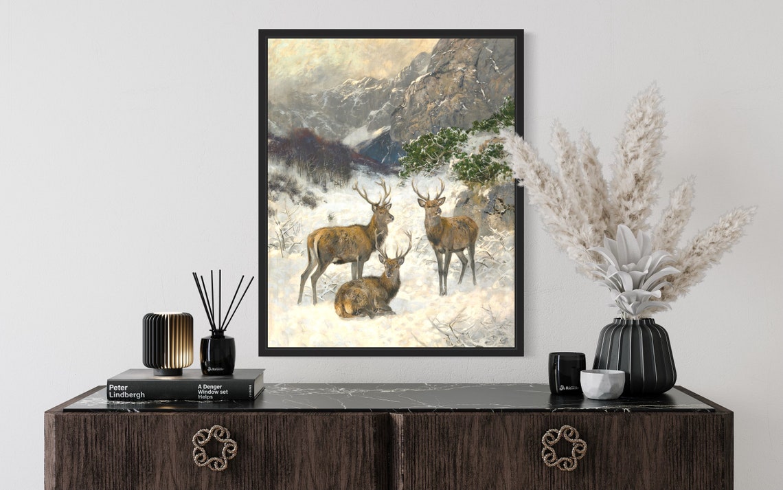 Red Deer Herd Gathering Snowy Winter Mountains Vintage Art Poster - Image 2
