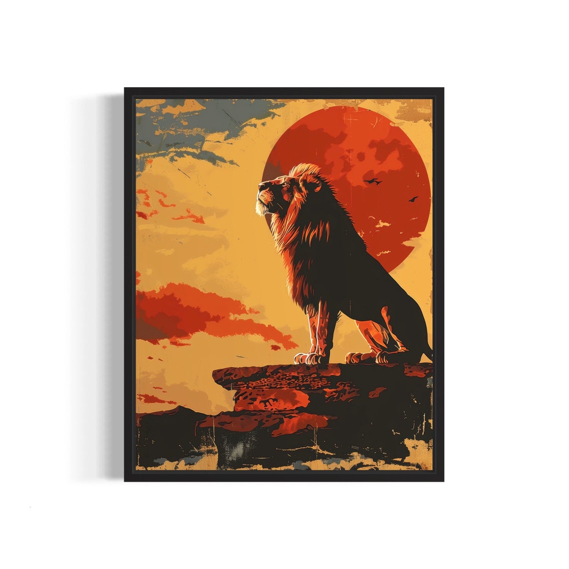 Lion Silhouette Against Red Sun Rock Vintage Safari Art Poster