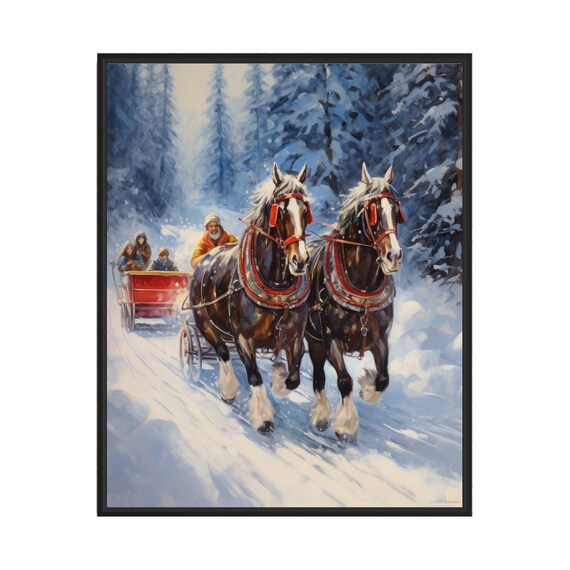 Horse Drawn Sleigh Ride Through a Snowy Winter Forest Painting Poster