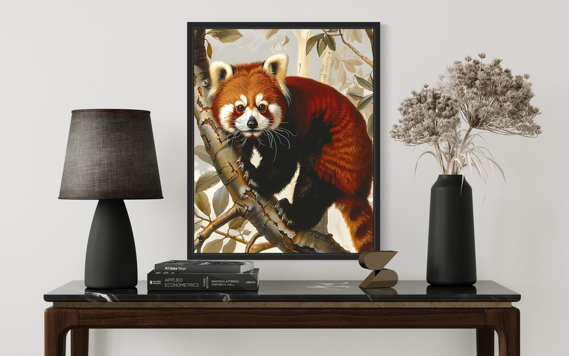 Vintage Red Panda Climbing Tree Bamboo Forest Wildlife Art Poster - Image 3