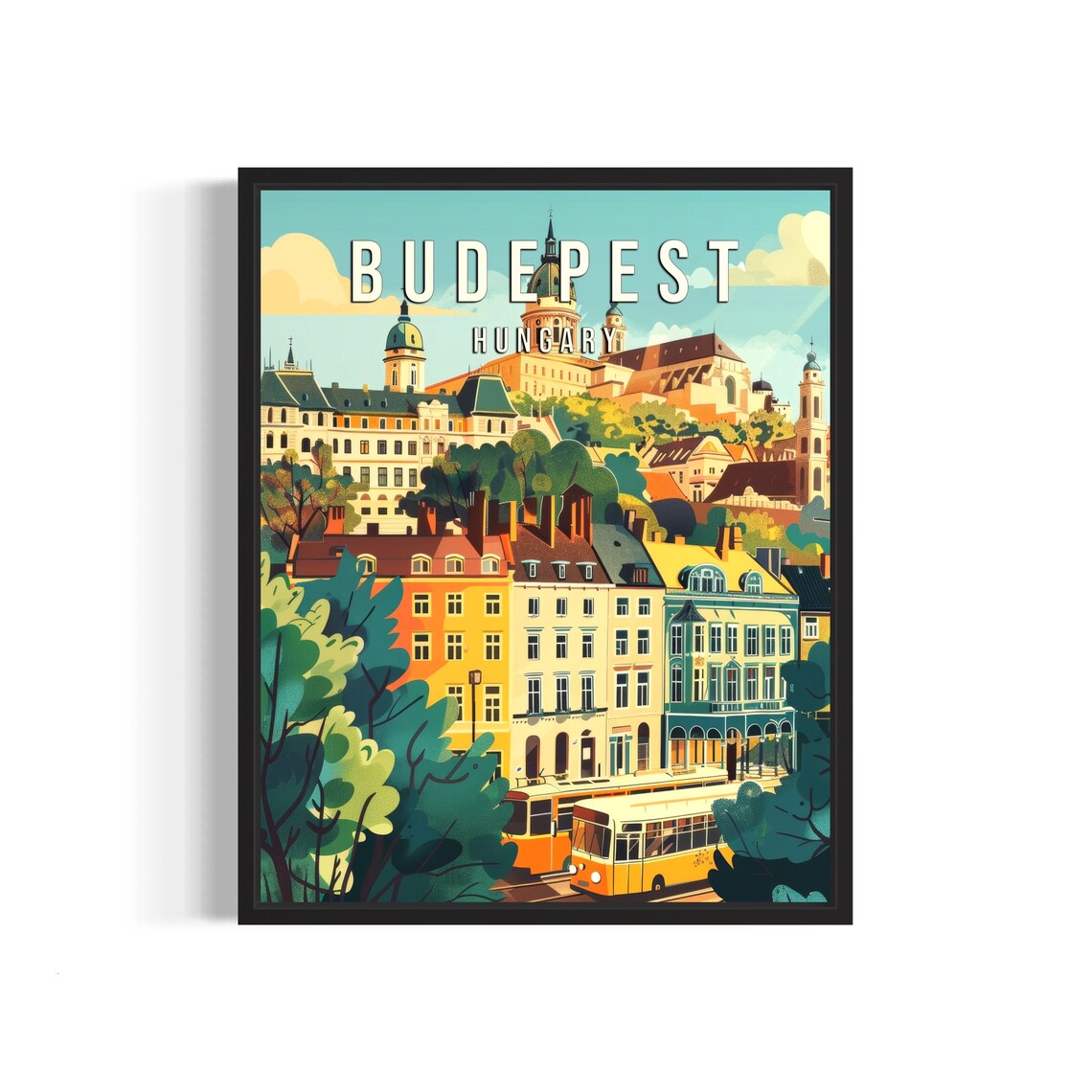 Budepest Hungary Vintage Yellow Tram Old Town Street Travel Poster