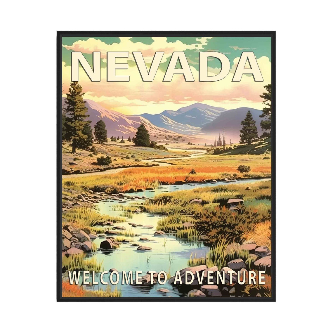 Nevada Welcome to Adventure Mountain Meadow Vintage Travel Poster