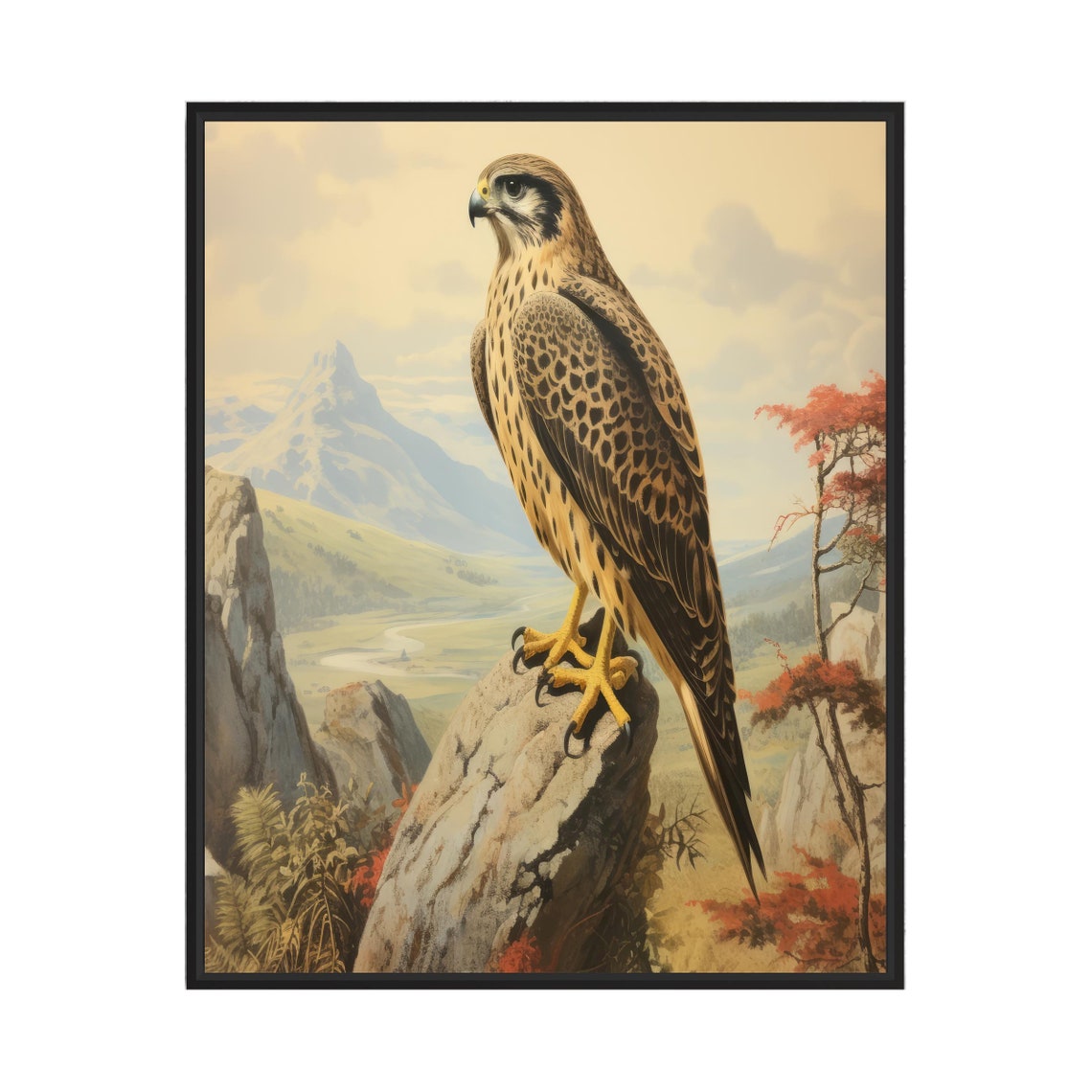 Saker Falcon on an Autumn Cliff Overlooking a Valley Bird Poster