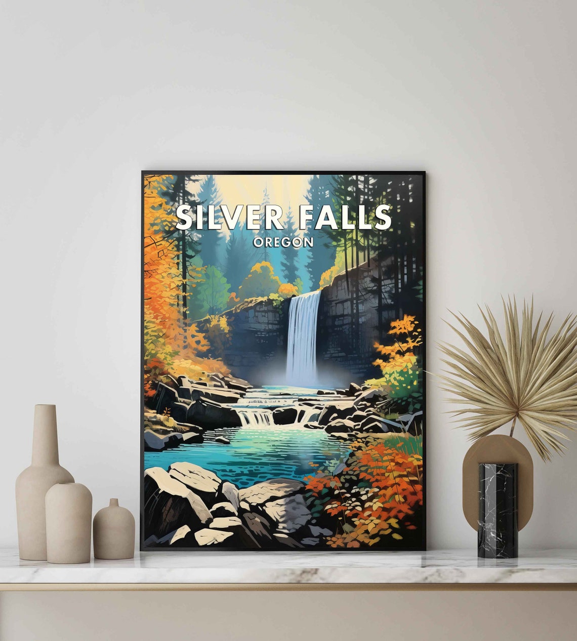Silver Falls Oregon Autumn Waterfall Forest Retro Travel Poster - Image 2