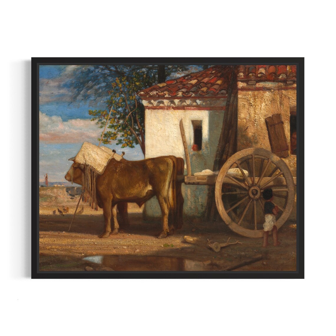 Ox And Cart By Old Farmhouse Child Vintage Rural Scene Art Poster