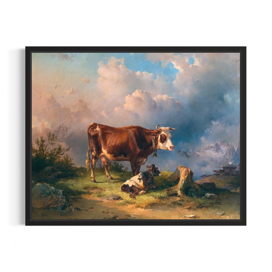 Cow With Calf On Rocky Alpine Hillside Storm Vintage Art Poster