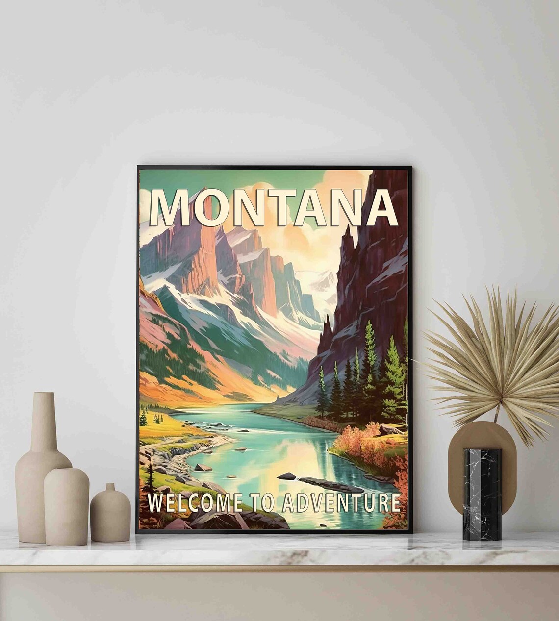 Montana Welcome To Adventure Mountain Lake Vintage Travel Poster - Image 3