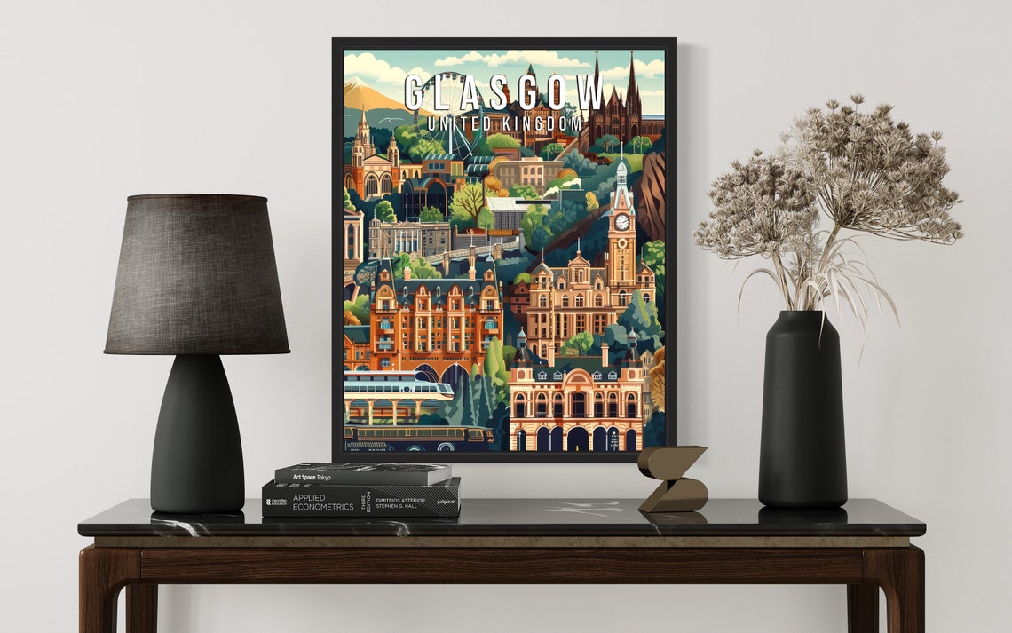 Glasgow United Kingdom City Landmarks Illustrated Travel Poster - Image 3