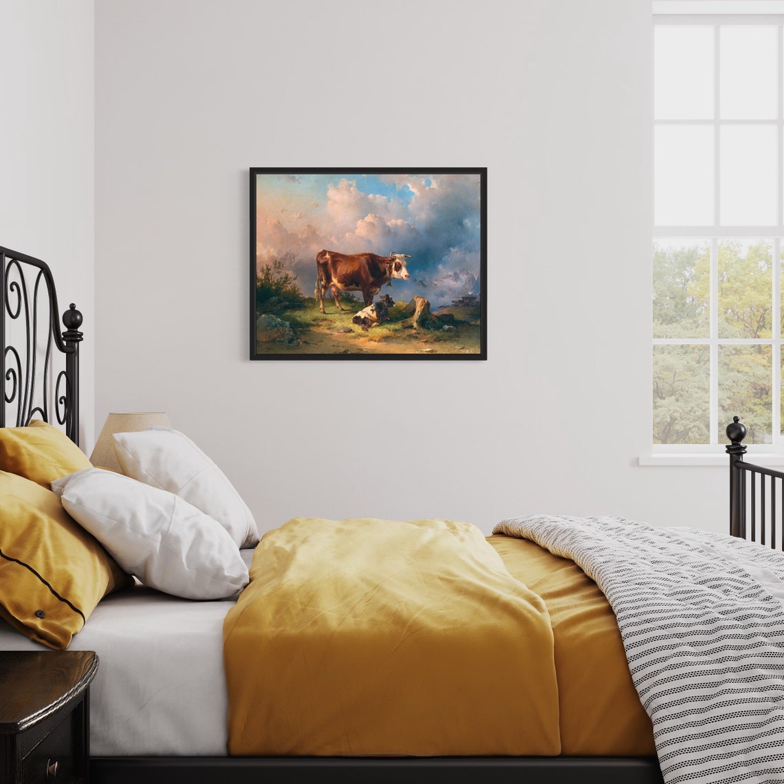 Cow With Calf On Rocky Alpine Hillside Storm Vintage Art Poster - Image 3