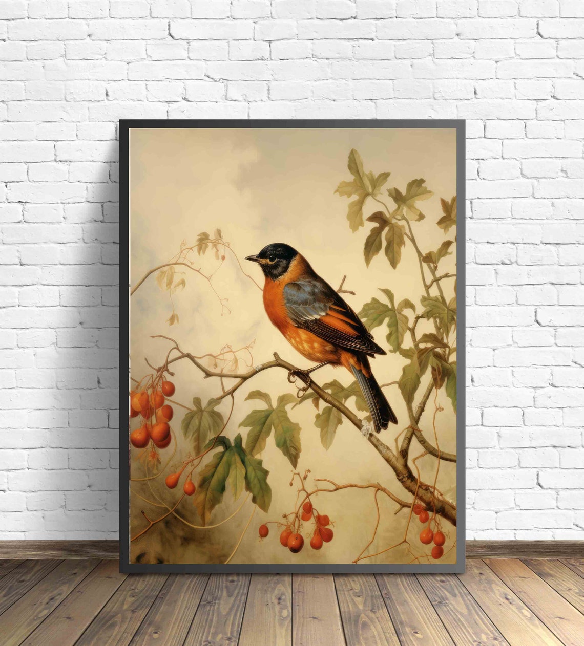 Robin Perched on Berry Branch Vintage Style Bird Painting Poster