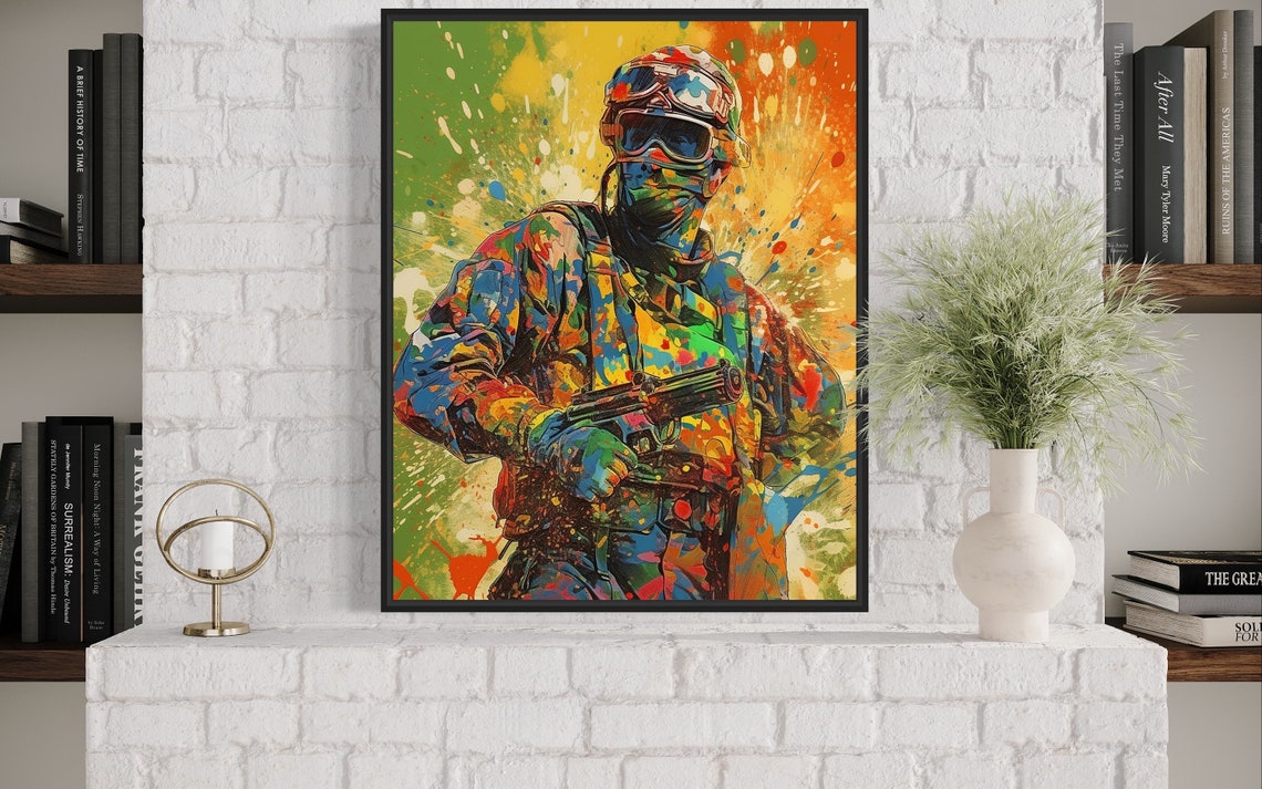 Paintball Player Covered in Colorful Paint Splatter Art Poster - Image 3