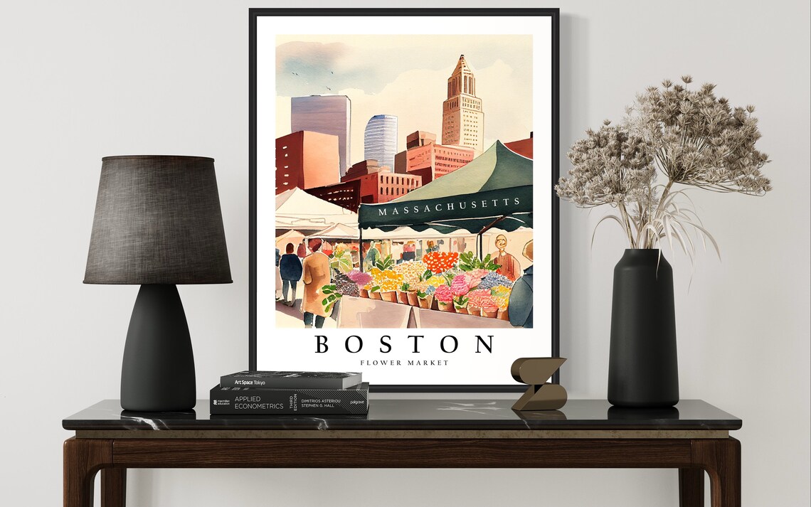 Boston Massachusetts Flower Market Bustling Watercolor Travel Poster - Image 2