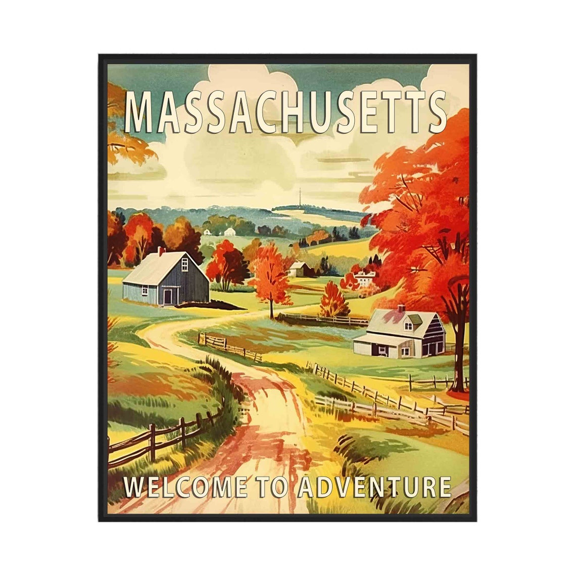 Massachusetts Fall Foliage Countryside Farm Retro Travel Poster