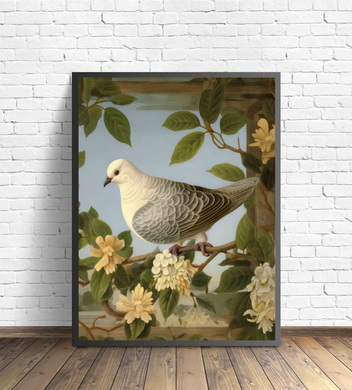 White Dove Blossoming Branch Vintage Bird Illustration Poster