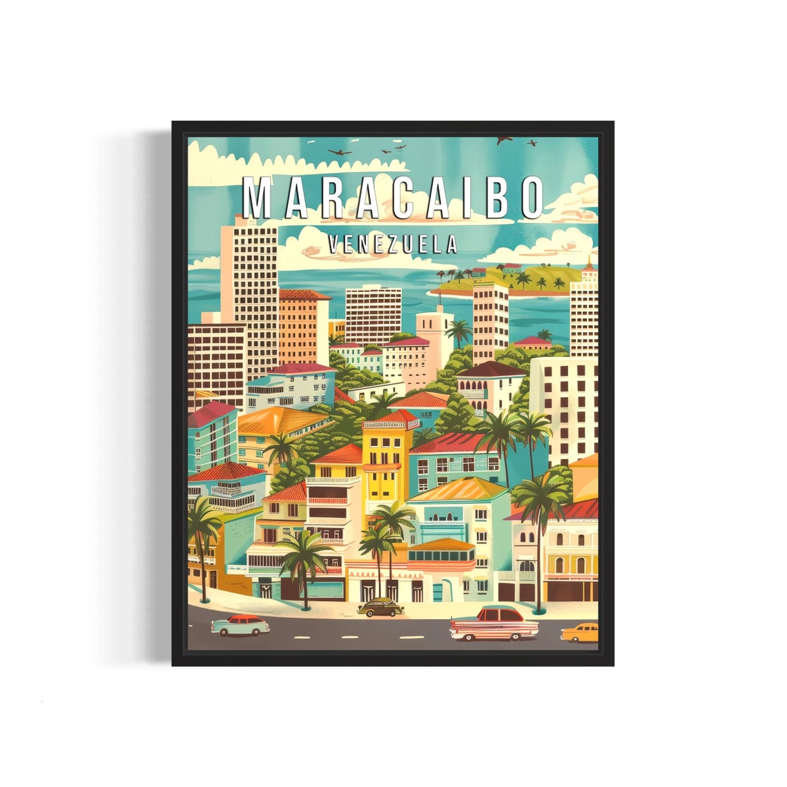 Maracaibo Venezuela Retro Skyline Palm Trees Vintage Travel Poster