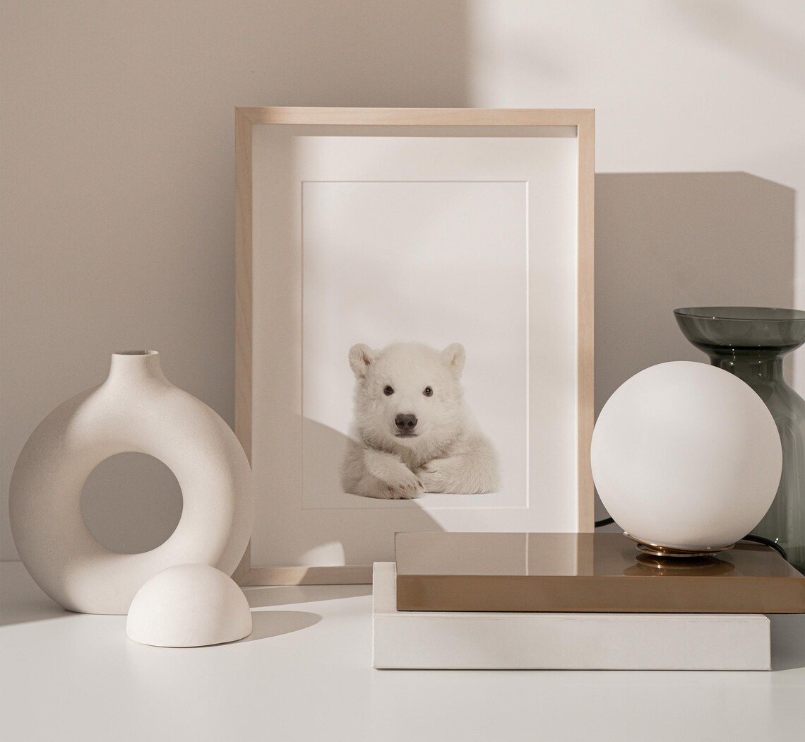 Cute Polar Bear Cub Photo White Minimalist Nursery Animal Wall Poster - Image 2