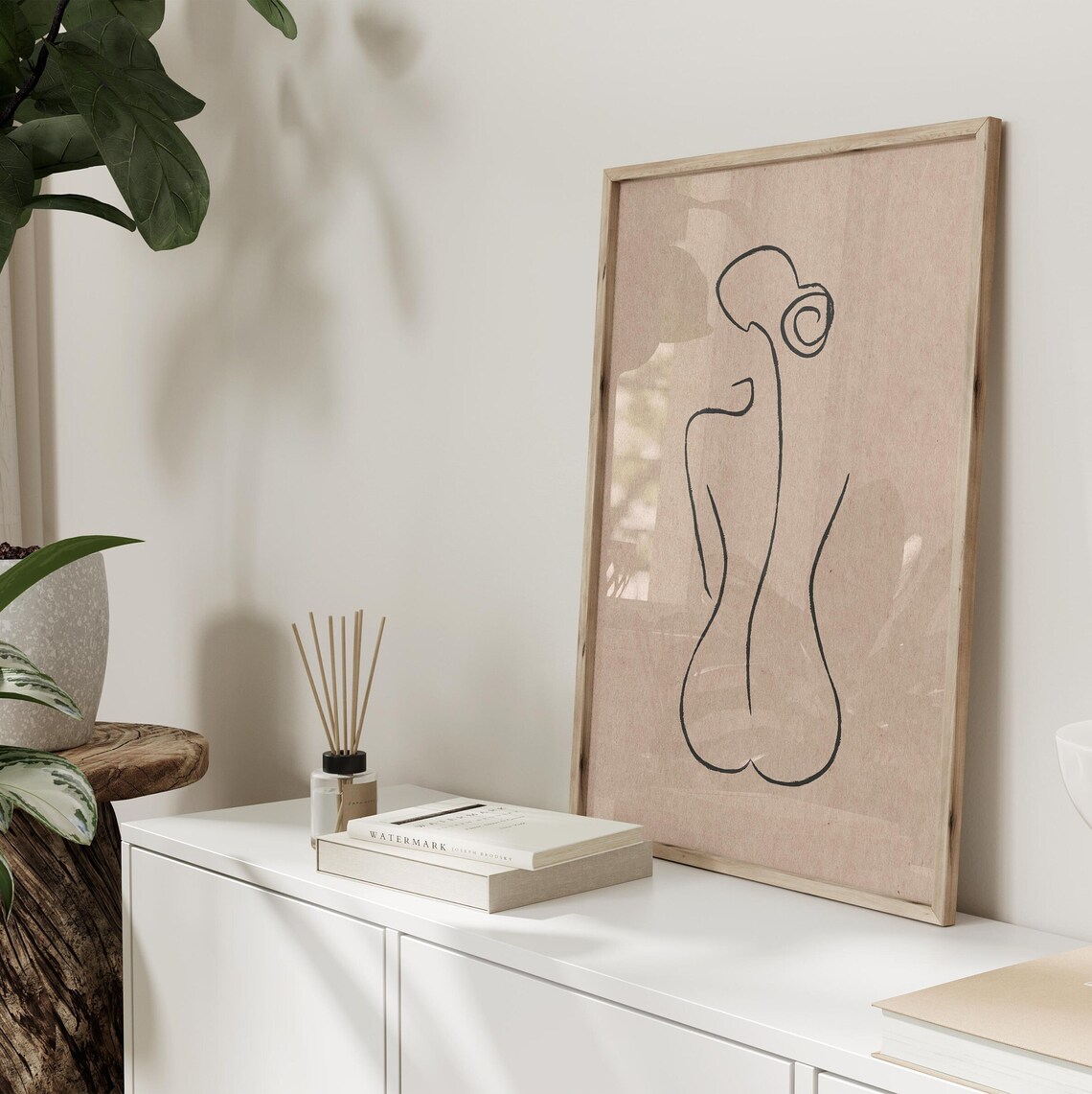 Minimalist One Line Female Nude Figure Beige Line Art Poster - Image 3