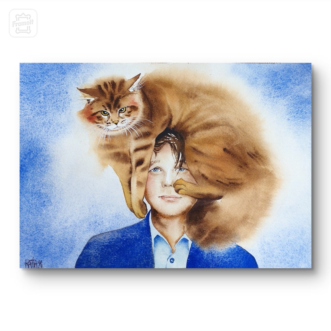 Boy With A Giant Ginger Cat On His Head Watercolor Pet Portrait Poster