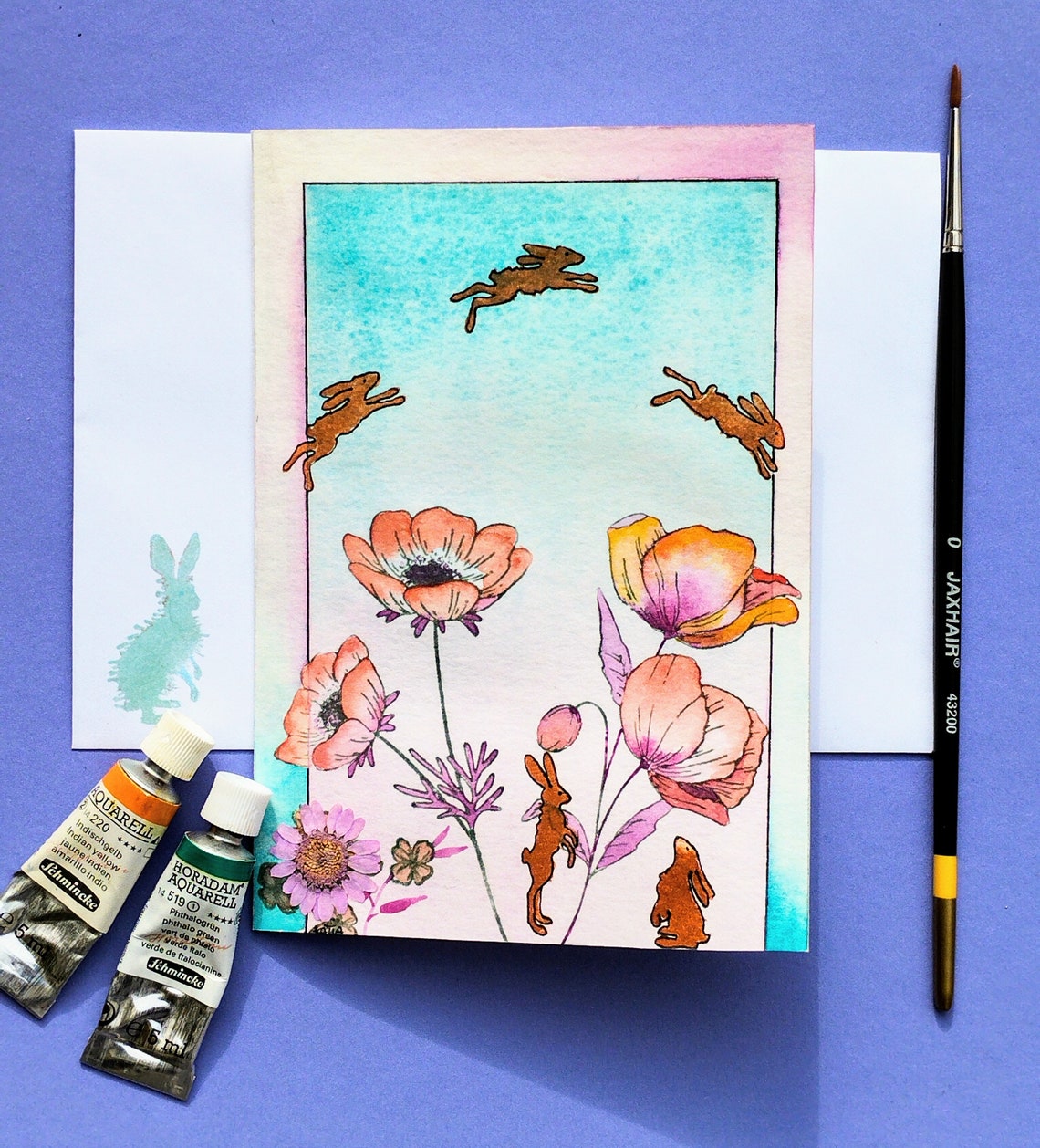 Hares Leaping Among Pink Poppies Watercolor Spring Meadow Art Poster